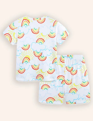 Rainbow Cloud Printed Short Sleeve T-Shirt Pajama Set